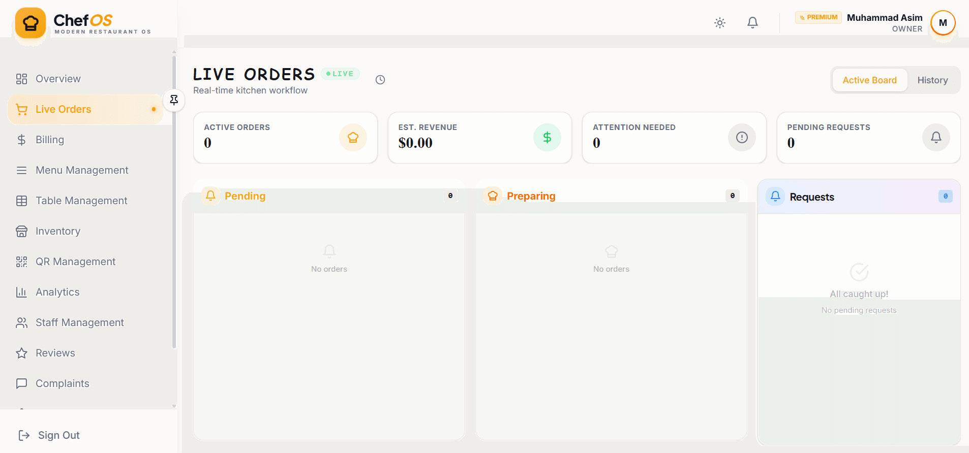 Live orders board with pending, preparing and requests columns, above counters for active orders, estimated revenue, items needing attention and pending requests.