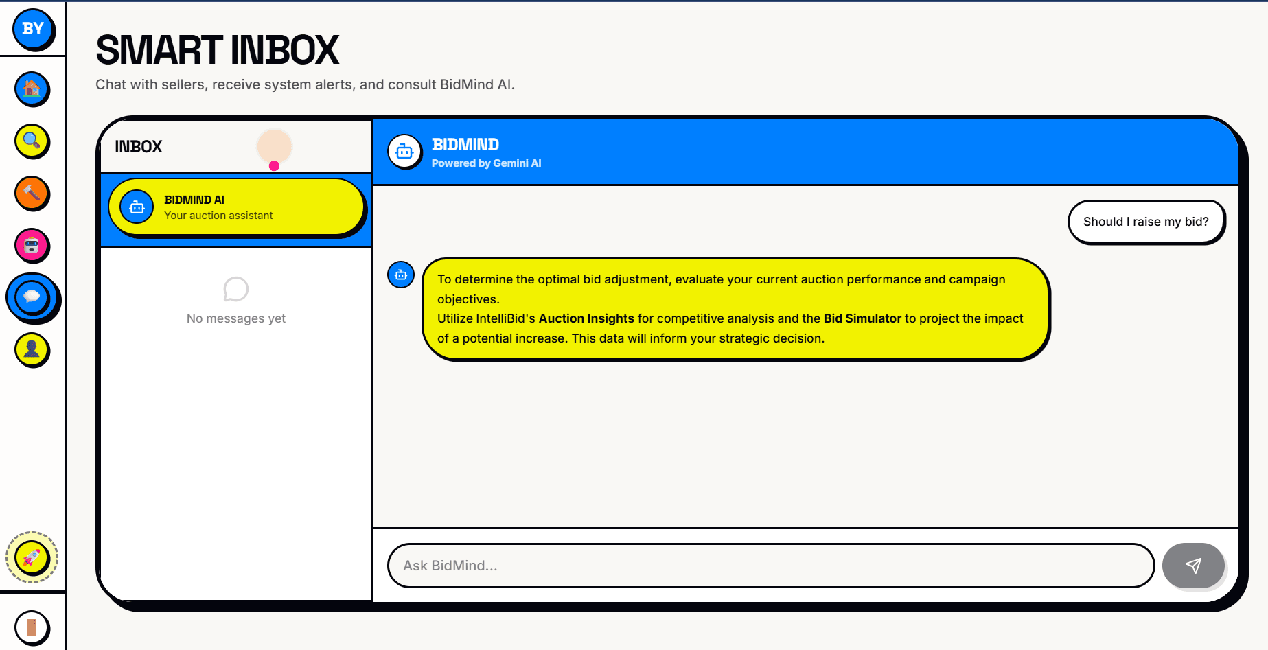 BidMind assistant answering the question "Should I raise my bid?" by directing the user to auction insights and a bid simulator rather than naming a figure.